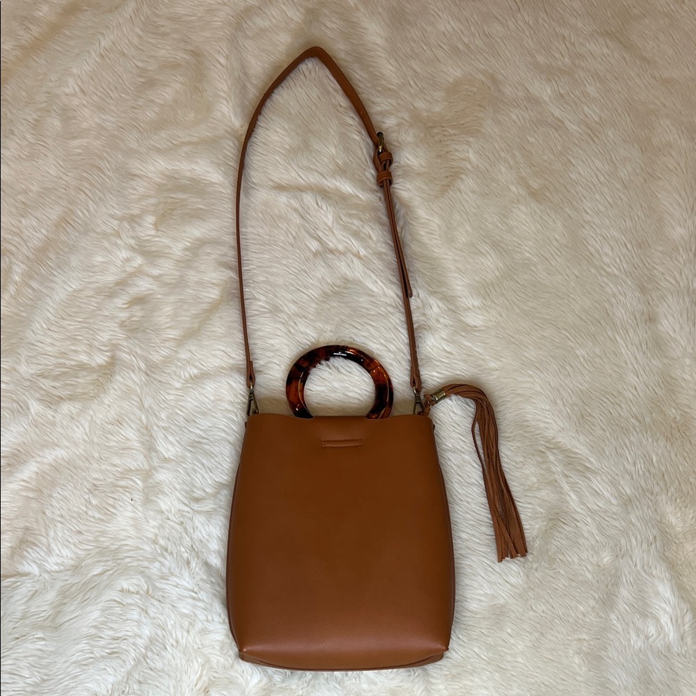 Brown Faux Leather Shoulder Bag with Tortoise Handle